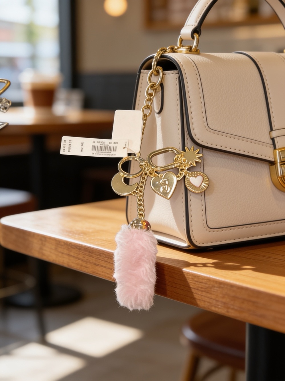 Victoria's Secret Beige Handbag Charm Keychain with Pink Fur and Gold Accents
